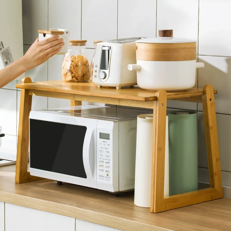 Bamboo Microwave Rack Trapezoid Structure with Spice Holder Sturdy Countertop Dish Rack for Efficient Kitchen Storage