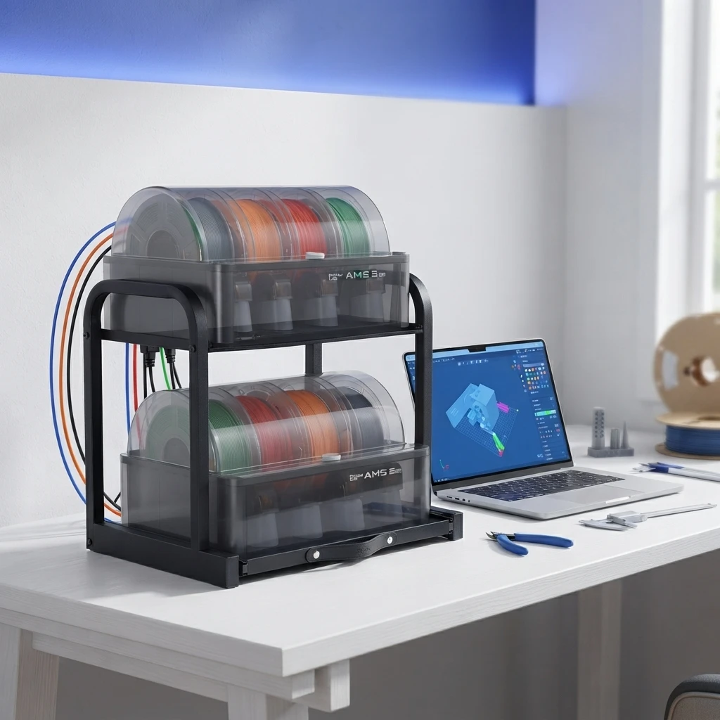 Dla Bambu Lab AMS Stack Rack Dwupoziomowy 2-modułowy pionowy organizer do przechowywania dla AMS/AMS 2 Pro/AMS HT Oszczędzający miejsce stojak na biurko — zdjęcie produktu 3