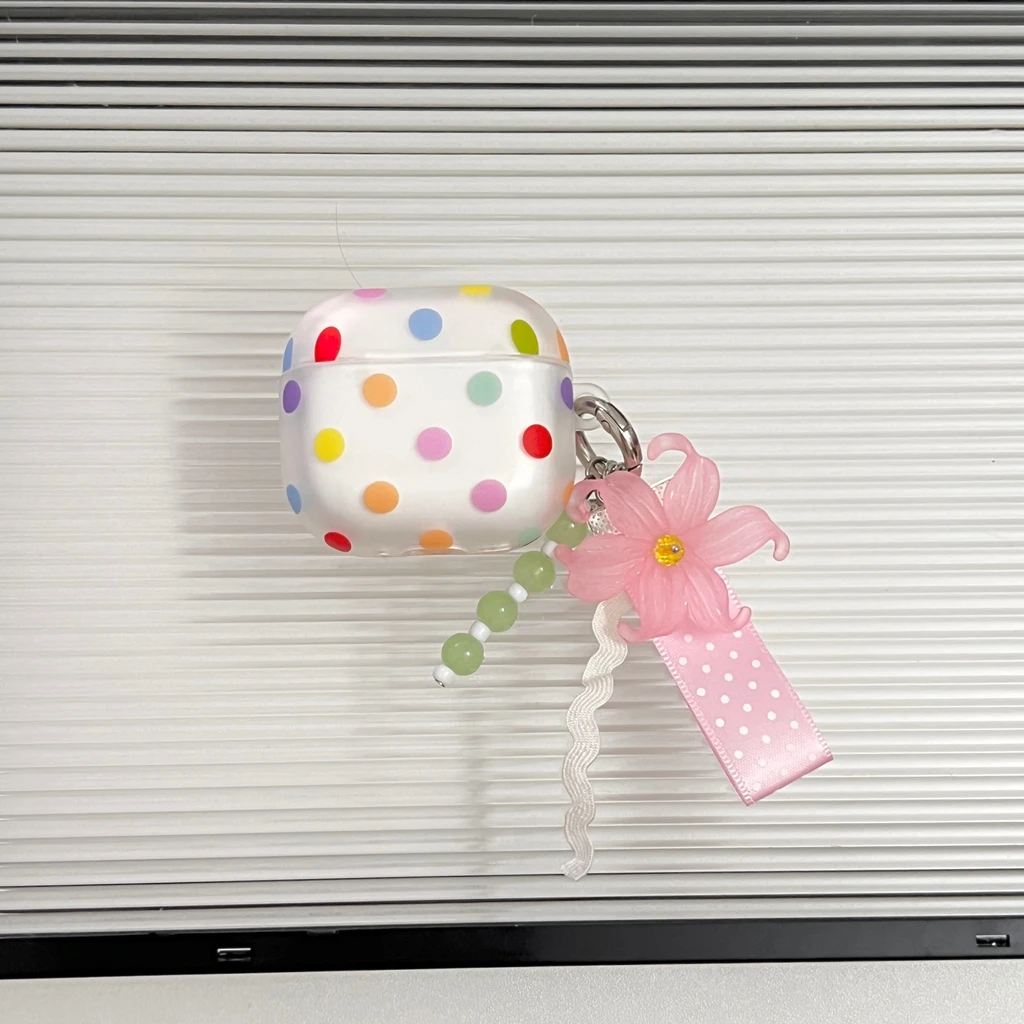 Spring Fresh Colorful Polka Dot Semi‑Transparent Matte Flower Pendant Earphone Cover Case for AirPods 1 or 2 3 4 5 Pro 2 Pro 3
