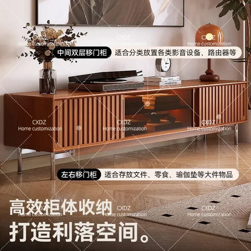 Solid Wood TV Cabinet Retro Black Walnut Living Room Storage Console Small Apartment Floor Standing Media Unit 2025 New