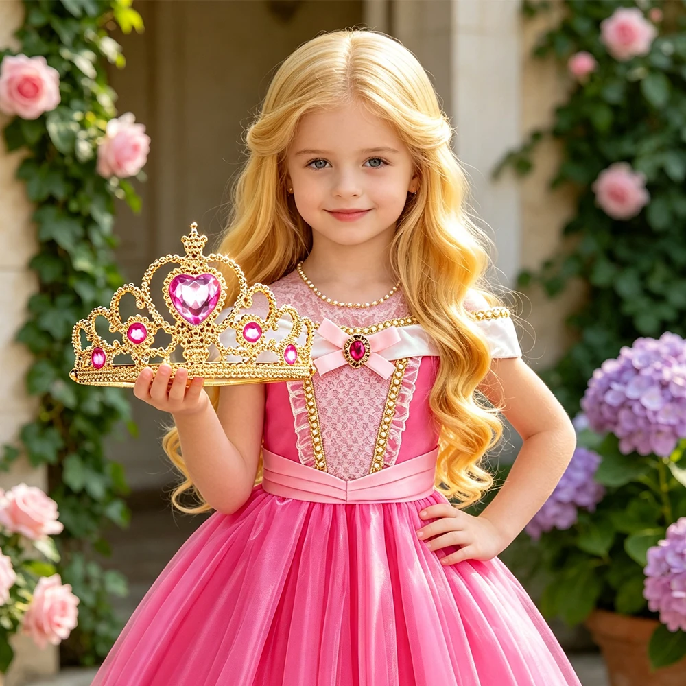Kinder Rosa Feenprinzessin Kostüm Mädchen Geburtstag Schulterfreies Ballkleid mit Krone Zauberstab Handschuhe Set Kinder Halloween Kostüme – Detail 11