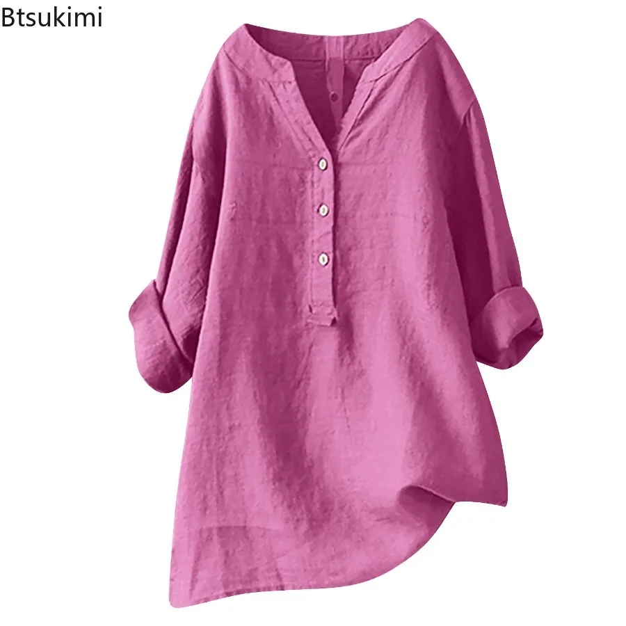 

2024 Vintage Cotton Linen Shirts for Women Spring Summer Casual Loose Long Sleeve Shirt Ladies Oversize V-neck Blouse Tunic Tops