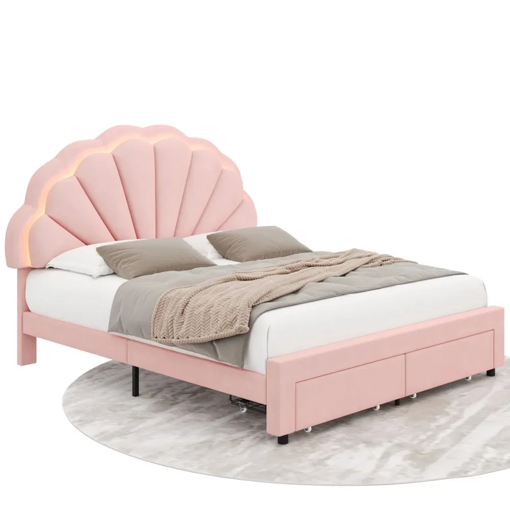 

Velvet Upholstered Platform Bed with Adjustable Petal Headboard for Kid, Children Beds, Full Size LED Bed Frame with Drawer
