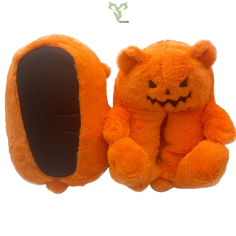 Rytanda Kawaii Teddy Bear Pumpkin Slippers Orange Bear Soft Plush Doll Indoor Fuzzy Flat House Shoes Women Men Halloween Gifts