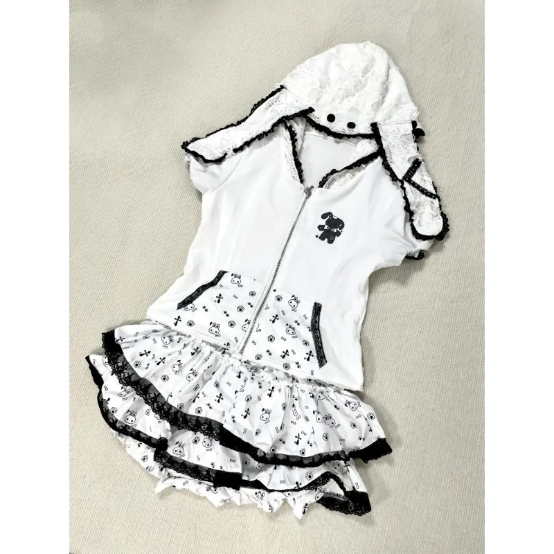 

Женский комплект из 2 предметов Sweet Kawaii Preppy Style Y2k, толстовка с капюшоном и молнией в стиле Лолиты + мини-юбка-пуф, женская одежда принцессы в стиле ретро