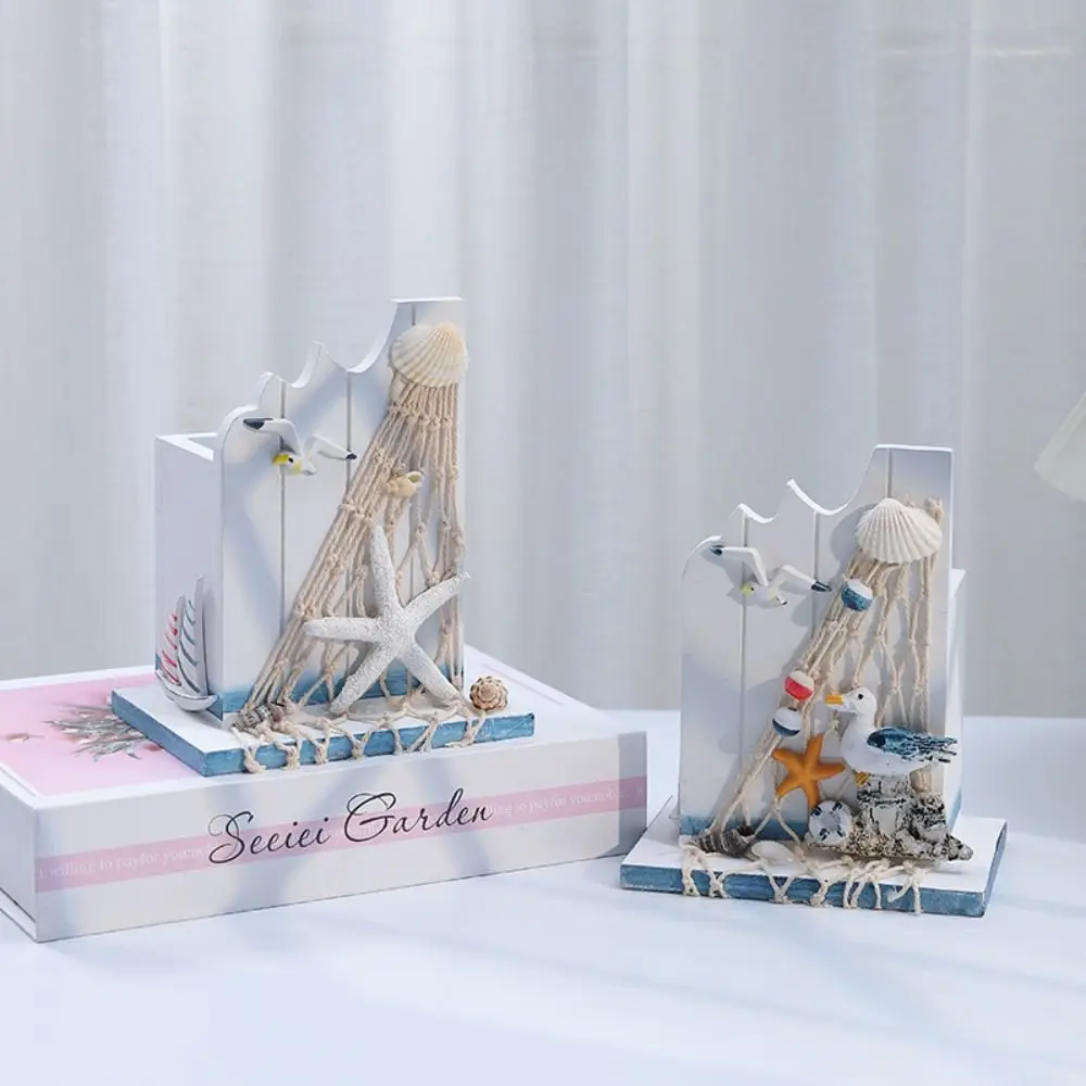 Mediterranean Style Wooden Pen Holder Large Capacity Handmade Pencil Storage Box Ocean Style Pen Container