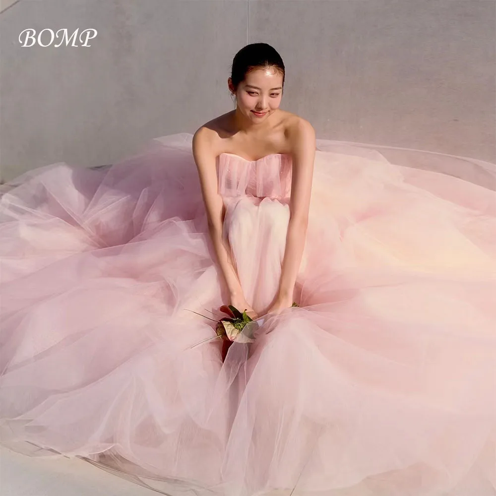 

BOMP Sweet Pink Wedding Dress Strapless Beading Floor Length Tulle Korea Photo Shoot Bridal Reception Gown Customized Simple