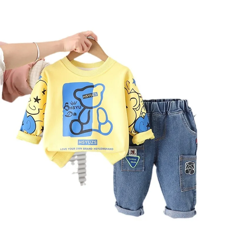 Autumn Infant Baby Boys Two Piece Clothes Set Cartoon Bear Contrast Sweatshirt Sticker Elastic Waist Denim Pant Baby Boy Outfits