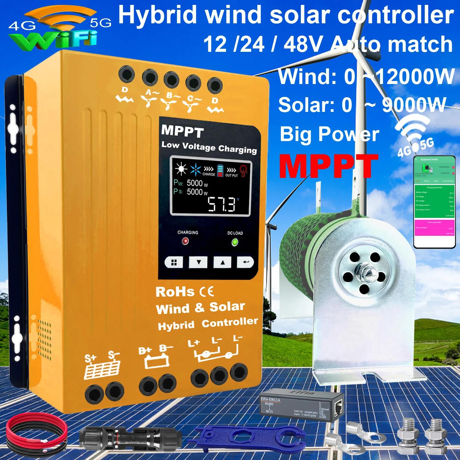 Vento Mppt Solar Híbrido Controlador de Carga Display Lcd Wifi Monitor Lifepo4 Lítio Chumbo Ácido Bateria 9000w 12 v 24 v 48v 80a 100a