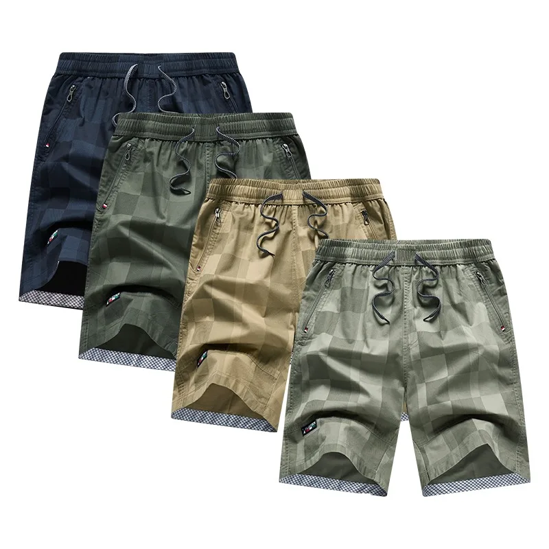 Calções de elástico de cintura alta masculino, moletom com cordão, cordão, xadrez, zíper, casual, reto, bolsos, verão