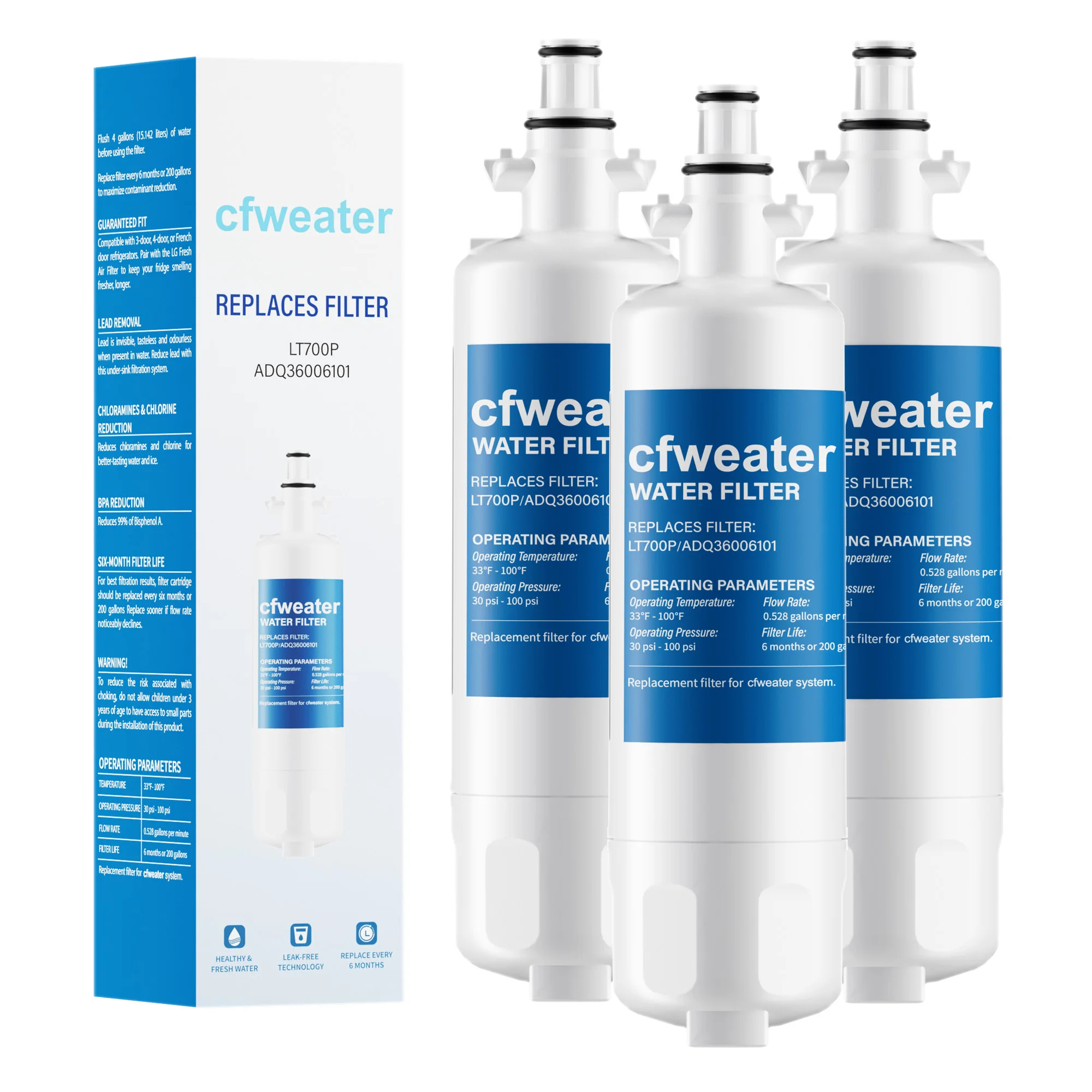 3Pcs ADQ36006101 Refrigerator Water Filter Replacement Compatible with LG LT700P, ADQ36006102, Kenmore Elite 9690, RWF1200A