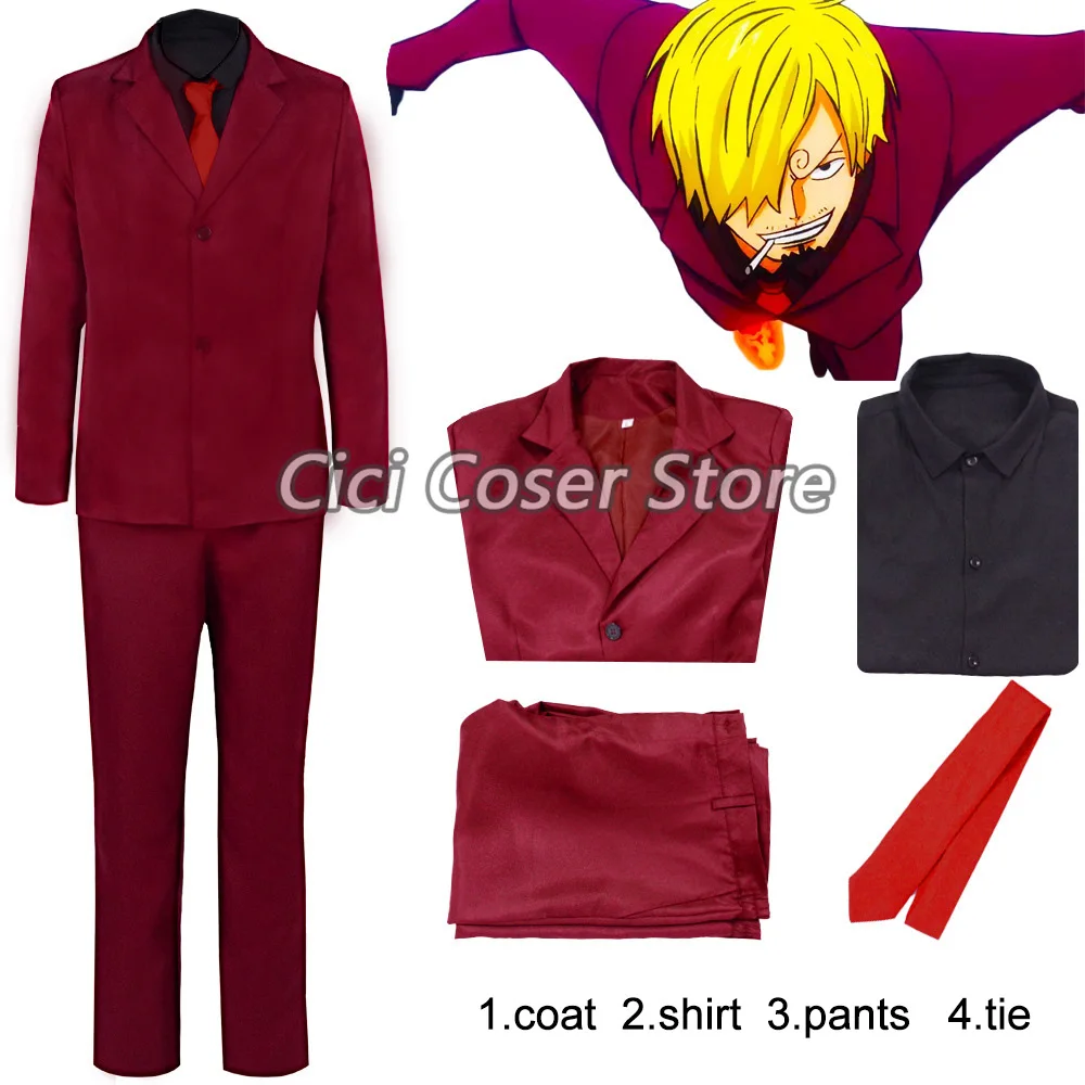

Anime Sanji Cosplay Costume Red Uniform Suit Men Women Halloween Party Carnival Role Play Outfits Short Blonde Wig Onepiece