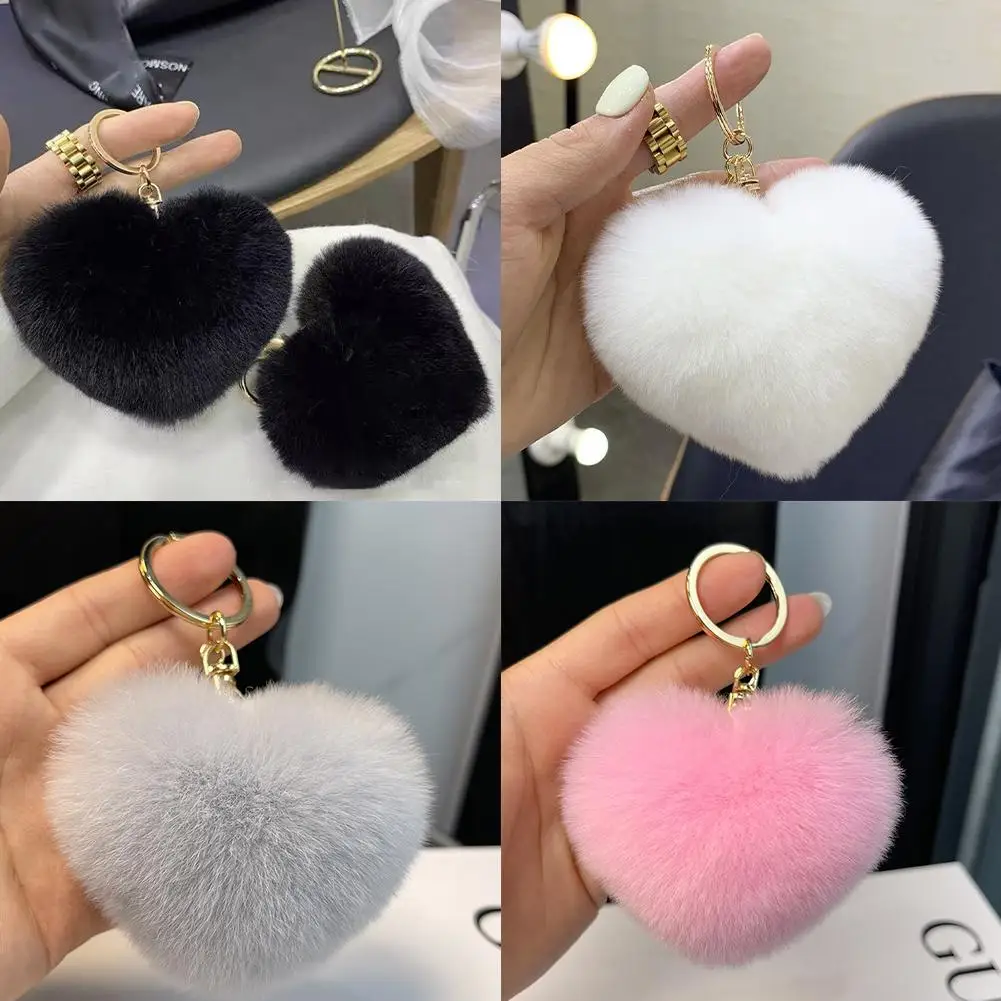 1Pc Plush Ball Keychain Large Heart Pom Pom Keychain For Women Car Bag Pendant Fashion Jewelry Fluffy Love Solid Color Keyc M6I8