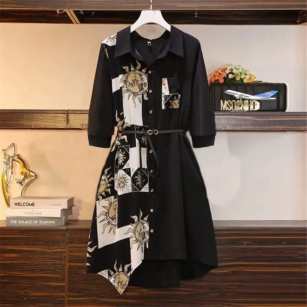 Elegant Print Dresses Women Korean Fashion Long Sleeve Vintage Belt Shirt Dress Business Casual Office Lady Irregular Midi Dress