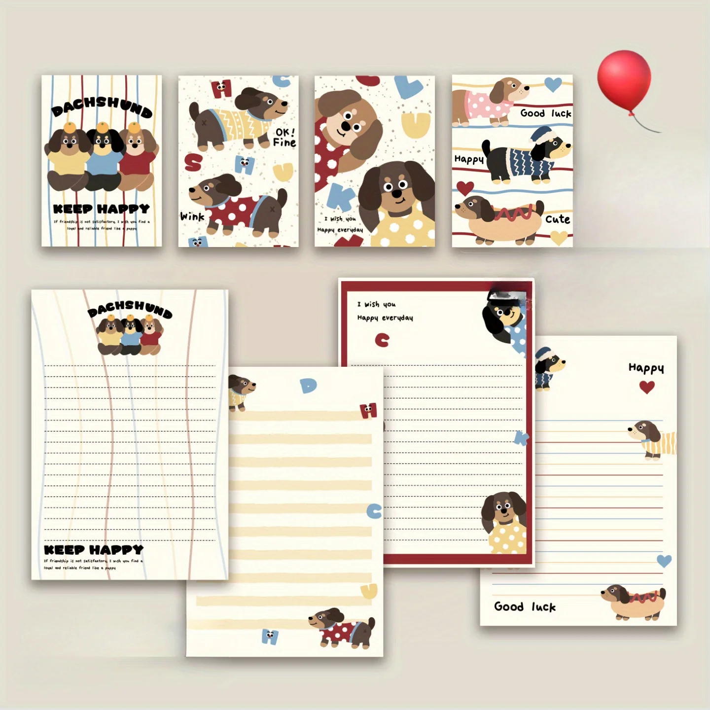 

8 Happy Small Intestine Envelope Set Cute Cartoon Envelopes, 4 Letter Cards, 4 Envelopes, Suitable for Invitations and Letters