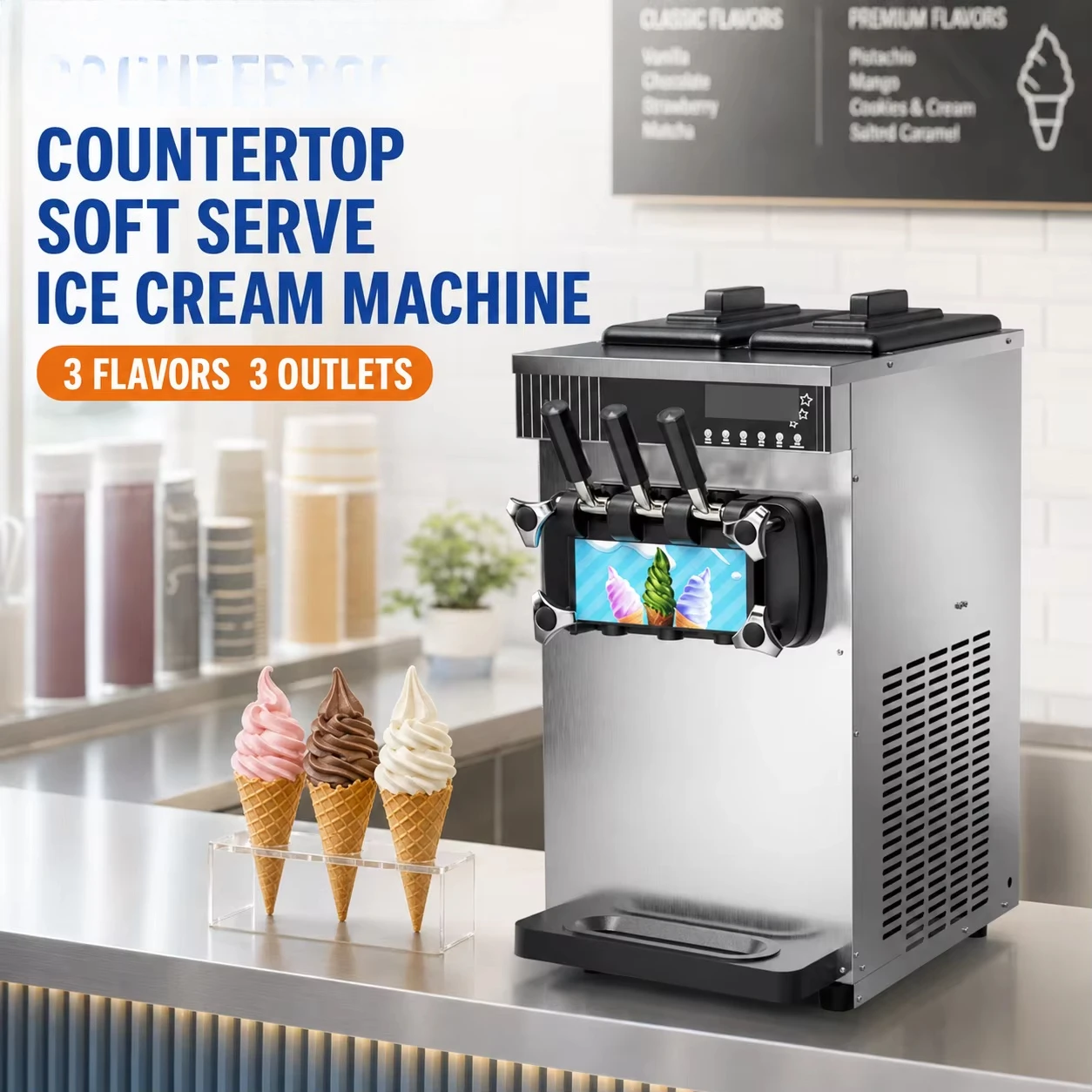Soft Ice Cream Maker Machine Commercial - Ticari Tip, Otomatik, Masa Üzeri, Üç