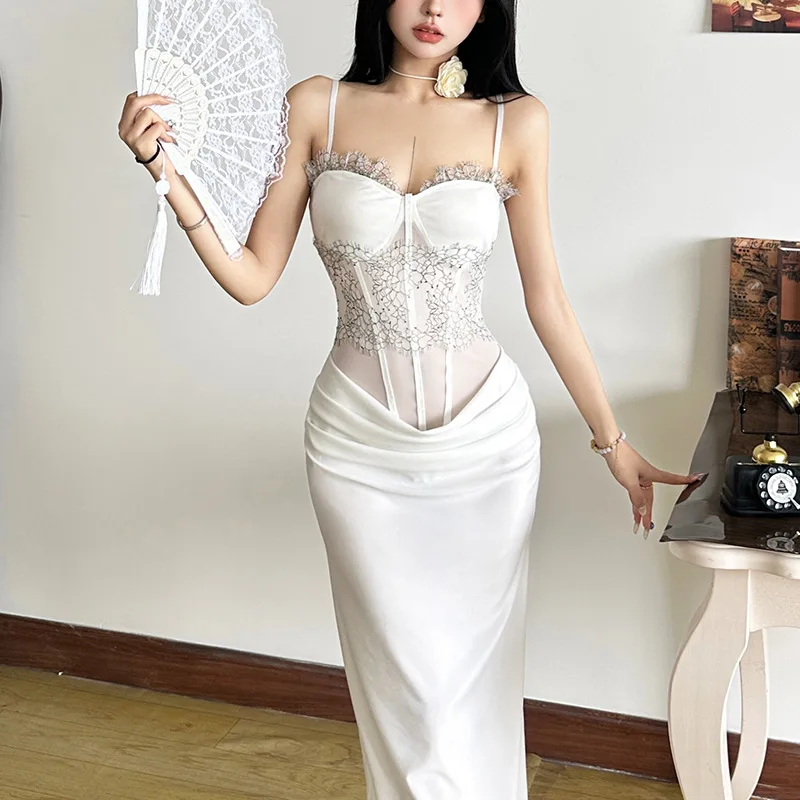 Sexy Women Black White Lace Patchwork Long Dress Slash Neck Sheer Mesh Waist Strap Slip Dress Sleeveless Bodycon Party Dress