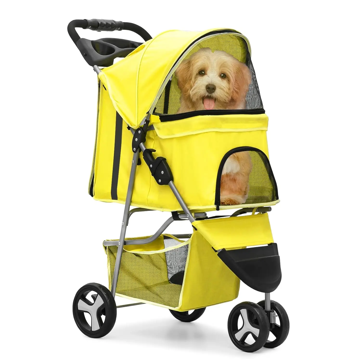 Foldable Pet Stroller with Waterproof Cover, 3-Wheels Dog Strolling Cart for Small/Medium Dogs and Cats, Yellow