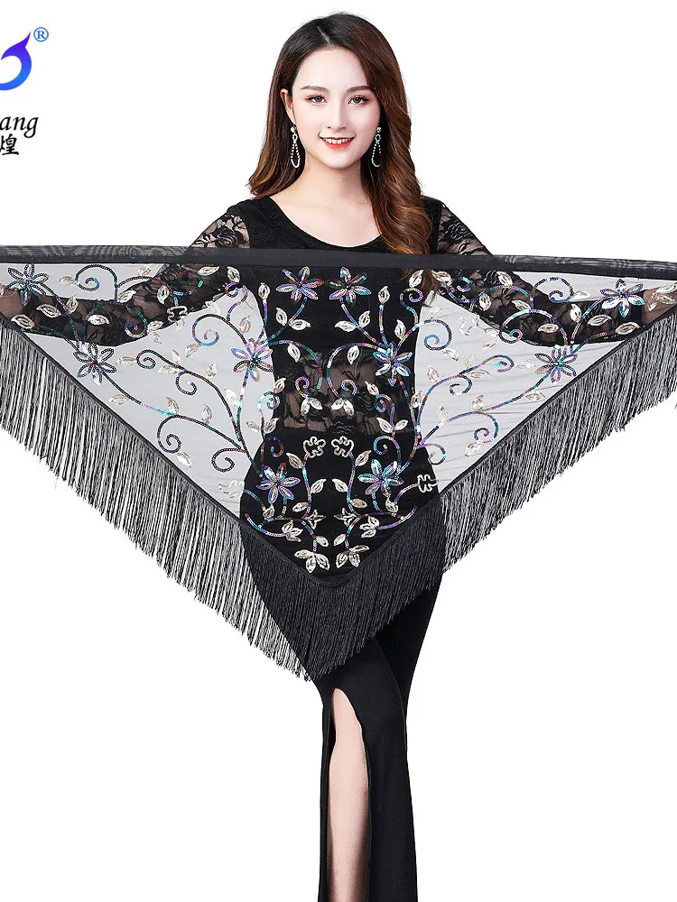 Belly Dance Latin Dance Tassel Hip Scarf Sequin Waist Chain Performance Sequin Triangular Scarf Practice Tassel Lace Waist Scarf