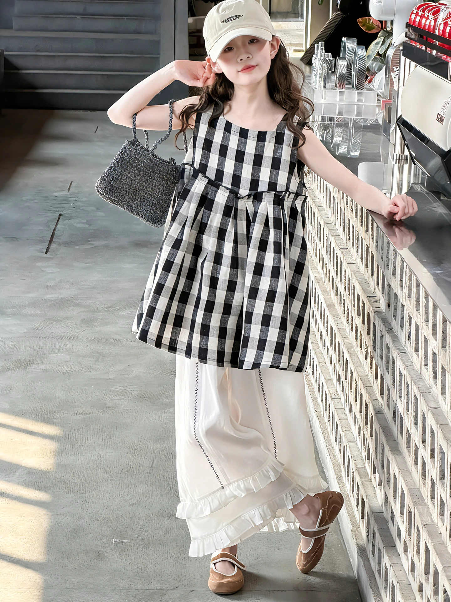 女の子夏服セット-2026-新作おしゃれチェック柄ノースリーブワイドレッグパンツツーピースセット子供服綿00