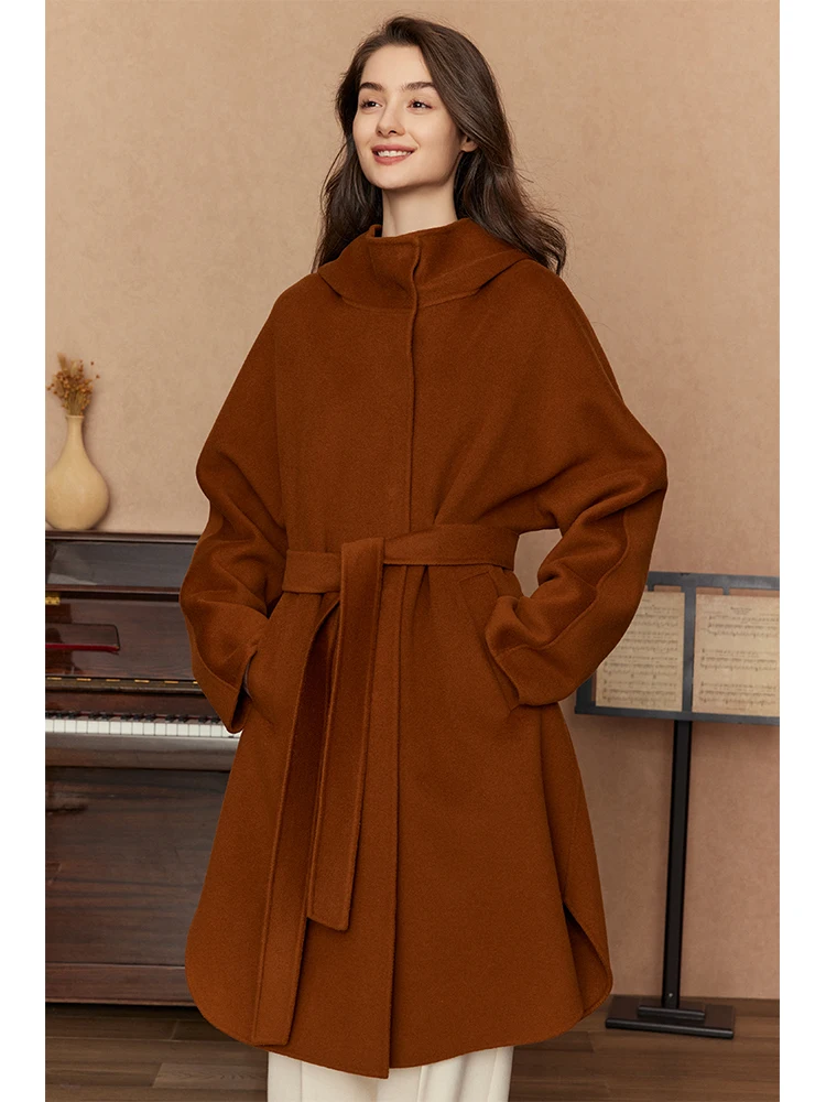 French Hepburn Style Caramel Cashmere Hoodie Coat Women Medium Long Length Slimming Fit High-end Hooded Woolen Overcoat Jacket