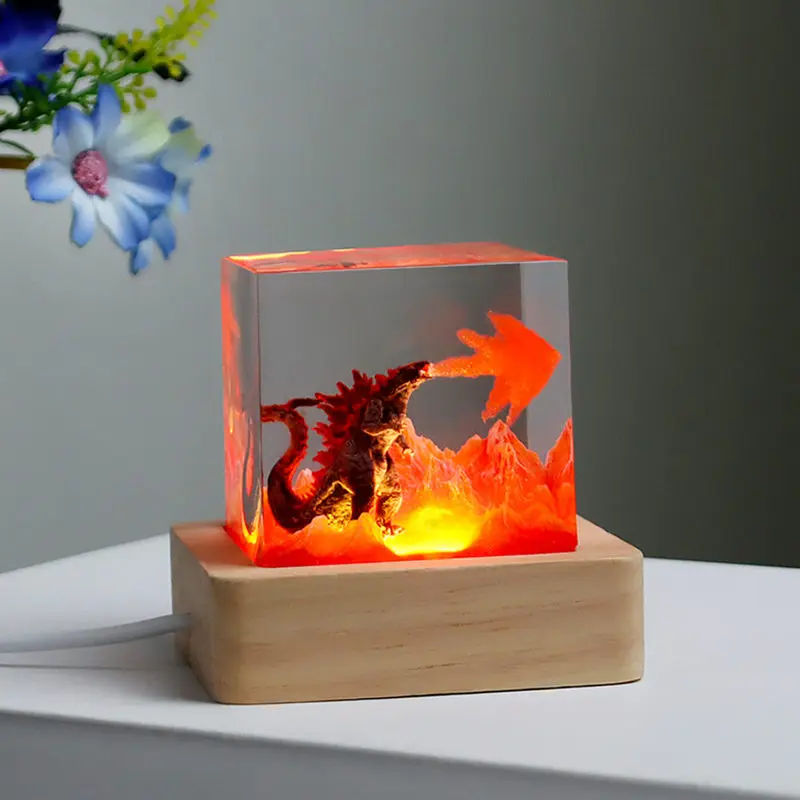 

5cm Cube Firedragon Epoxy Resin Statue Monster Volcano Micro Landscape Desktop Decoration Night Glowing Gift Room Accessories