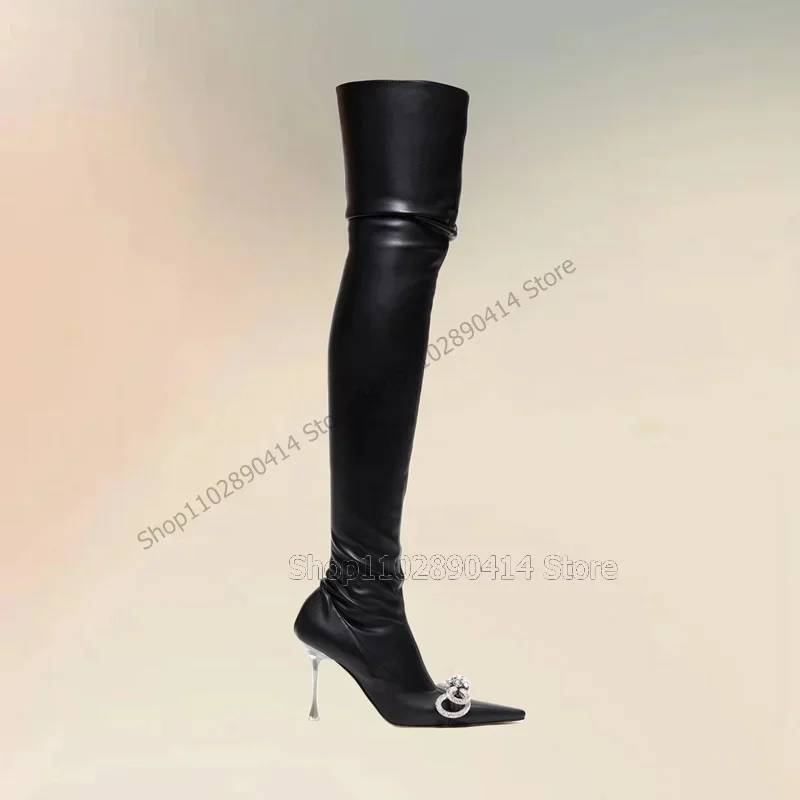 

Bow Knot Decor Black Pleated Design Pointed Toe Boots Slip On Women Shoes Thin High Heels Party Banquet 2026 Zapatos Para Mujere