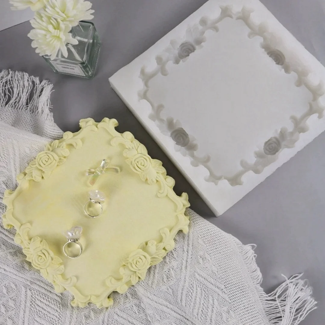 Rose Edged Jewelry Tray Aromatherapy Gypsum Mold DIY Jewelry Display Plate Cement Concrete Epoxy Resin Mould