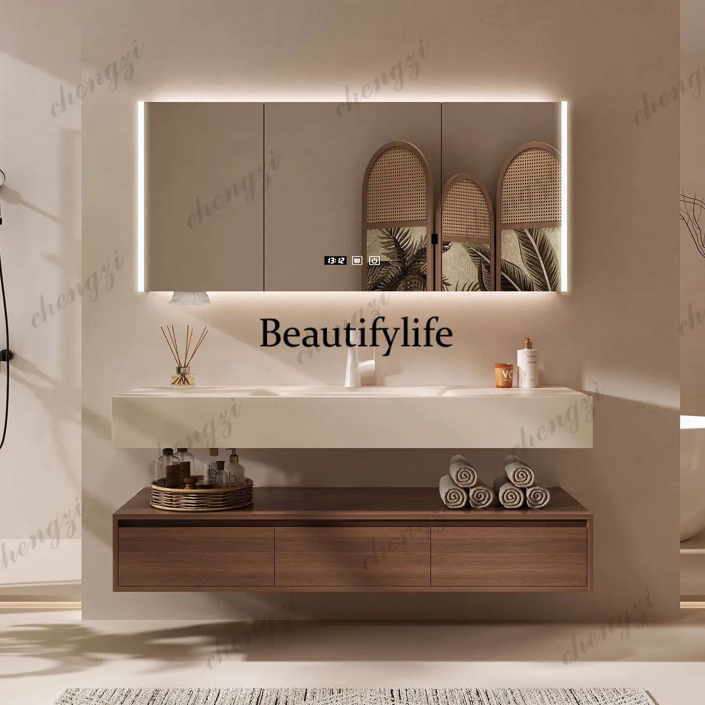 Walnut medieval style bathroom cabinet beige rock slab hot bending integrated basin toilet wash basin
