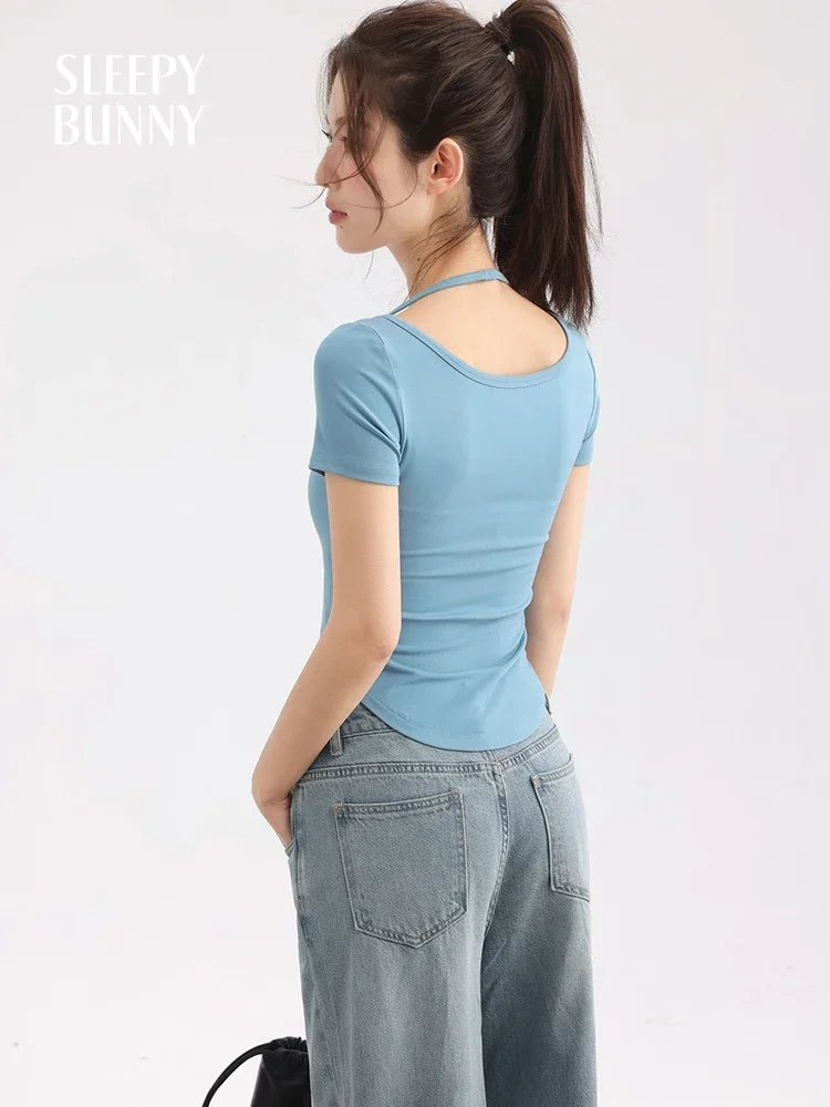 T-Shirt ajusté à ourlet incurvé pour femmes, haut court d'été avec sangle d'épaule, T-Shirt sans manches pur et élégant pour un Look tendance