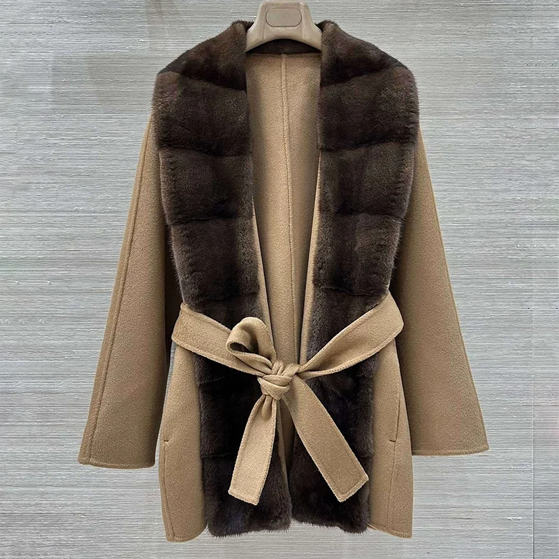 

Высококачественное женское кашемировое пальто с меховым воротником-платом, роскошная одежда средней длины с кружевной отделкой 251020127