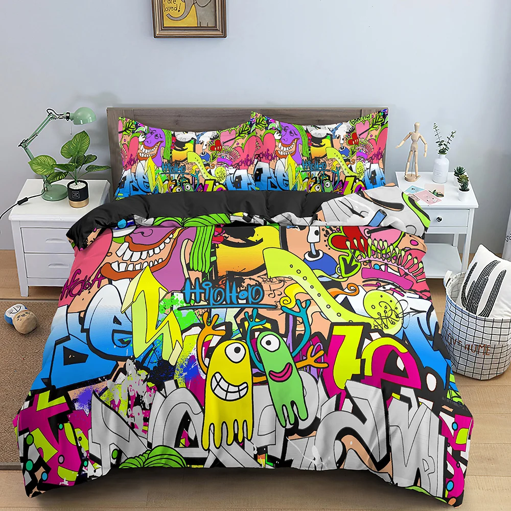 Graffiti Bedding Set Graphic Duvet Cover Teens Adult Hip Hop Hippie Comforter Cover Wall Urban Street Art Polyester Quilt Cover