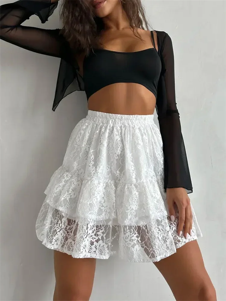

Lace Printed Summer Skirt Women's See-Through Casual High Waist Patchwork Slim Solid Hollow Out Female Sexy Y2k Skirt 2025