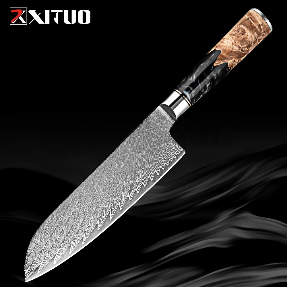 Professional Japanese Santoku Knife 7 Inch Premium Damascus Steel Sharp Kitchen Knife Slicing Knife Black Resin Handle Cleaver