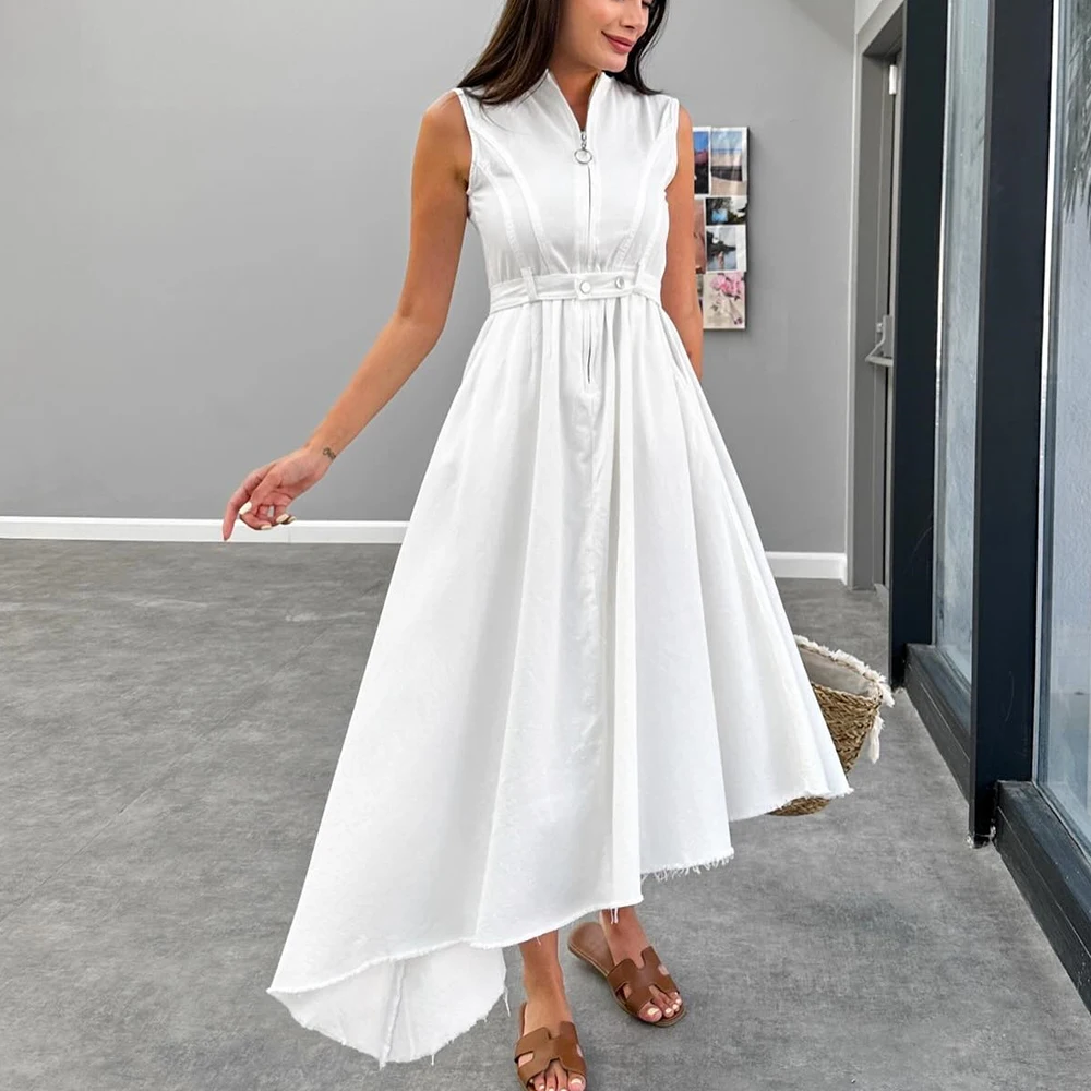 

Customized Modern Ankle Length Pleats Buttons Belt Party Gowns Fashion A-Line Crew Neck Sleeveless White Prom Gowns فساتين سهرة