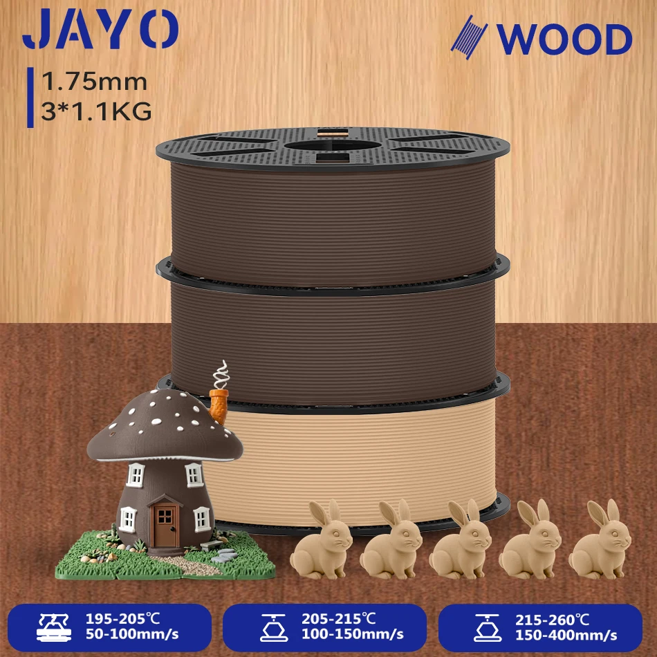JAYO 3 Rollen Holz-PLA 3D-Filament 1,75mm 1,1KG/Rolle PLA Holztextur 3D-Drucker-Filament 10-15% Holzfaser 3D-Druckmaterialien