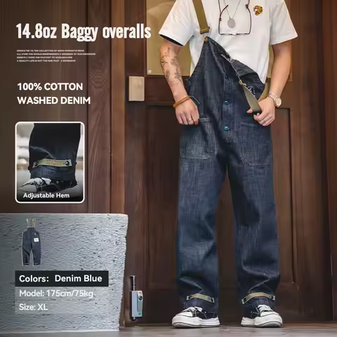 Maden Workwear American Vintage Deck Strap Pants Spring and Autumn Wash Denim Red Ear Straight Leg Jeans Men's Fashion