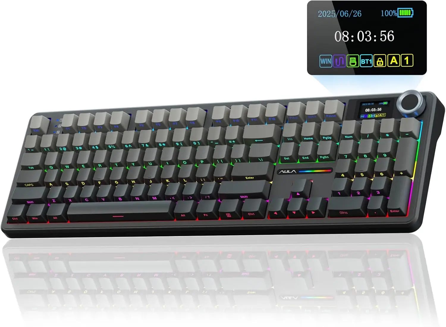 Wireless Mechanical Keyboard with Screen & Knob, Full Size, 8000mAh Battery, Hot Swappable RGB Gaming Keyboard