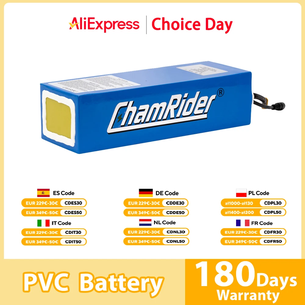 Chamrider PVC Battery 20AH Ebike Battery BMS 48V Electric Scooter Battery 30A Lithium Battery Pack 18650 Electric Bike