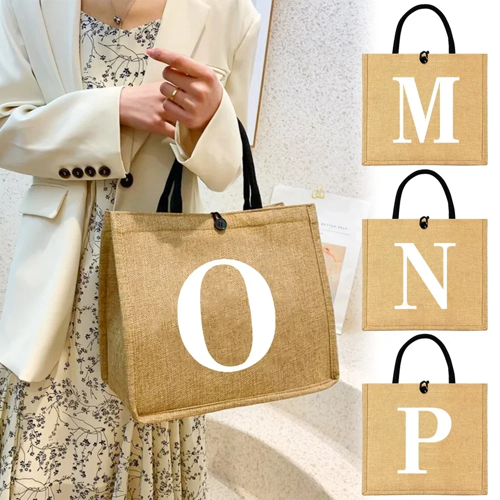 

Flax Bag Button Handbag Organizer Storage Jute Tote Bags Imitation Cotton Shopping Women Valise Portable White Printing Series