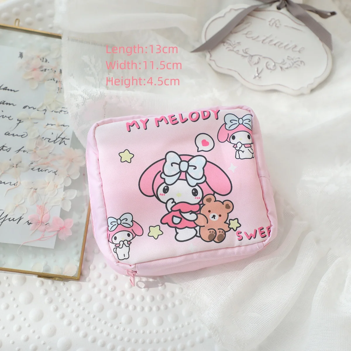 Sanrio Hello Kitty Cinnamoroll Kuromi Cartoon Girl Sanitary Napkin Storage Bag MakeUp Bag Coin Purse  Card Holder Bag