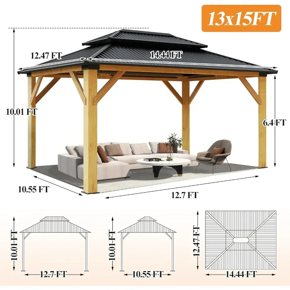 Outdoor Wooden Gazebo - Patio Galvanized Steel Gazebo with Double Vented Roof, Heavy-Duty Cedar Wood Gazebo 13’x15’