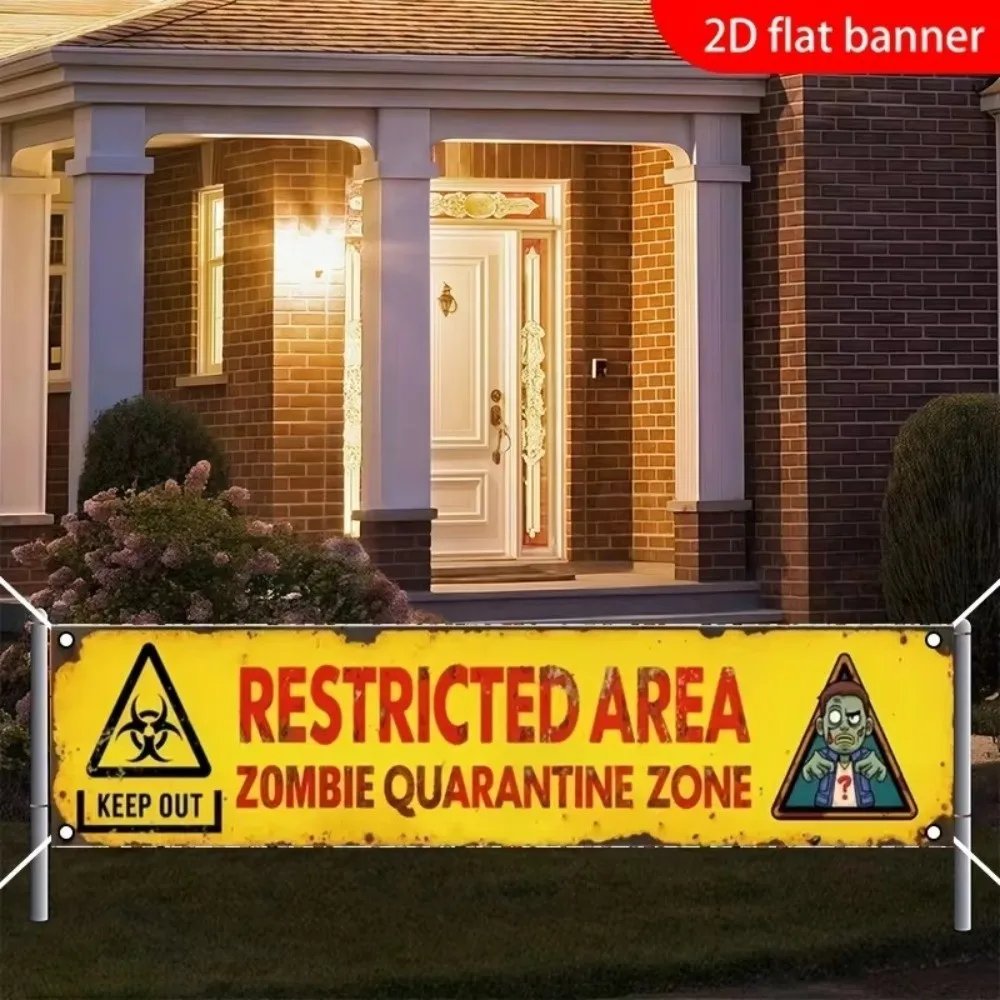 2D Flat Zombie Quarantine Banner Zombie Themed Warning Sign Print Haunted House Decor Indoor Outdoor Hanging