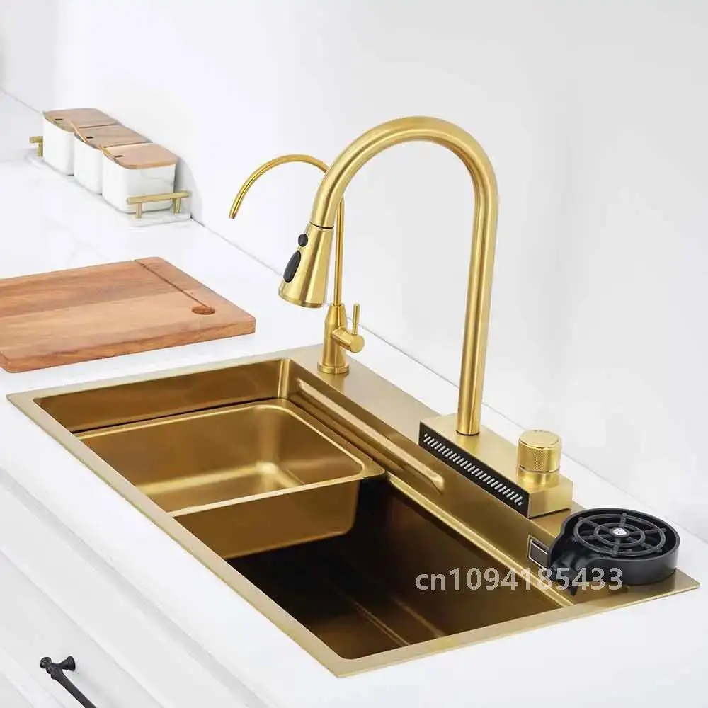 Pia de cozinha dourada torneira cascata nano pia 304 aço inoxidável dourado topmount única tigela lavatório com tábua de cortar