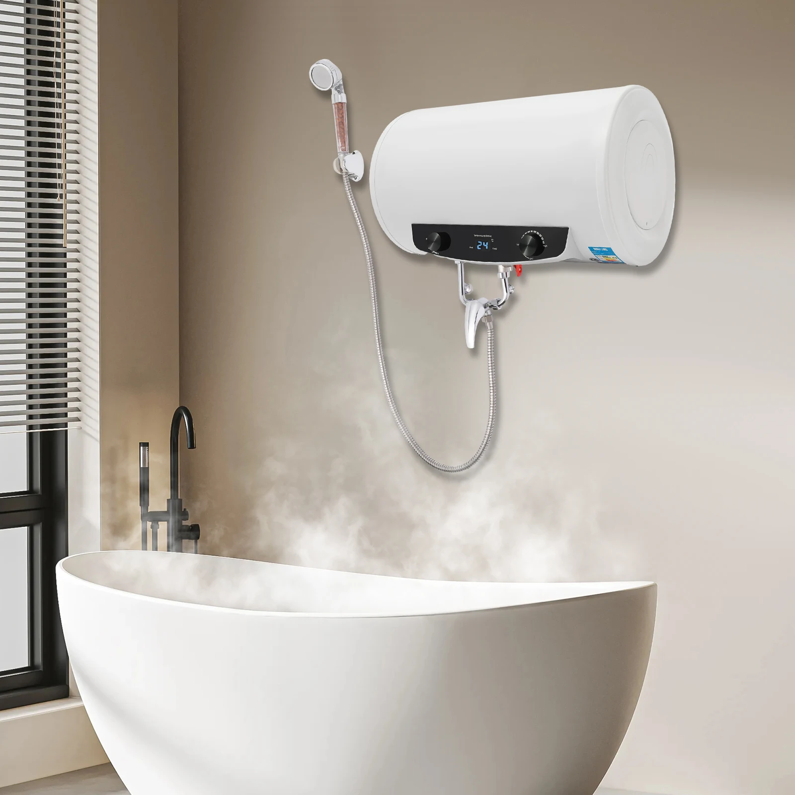 سخان مياه بخزان كهربائي، 1500 وات 110 فولت، مجموعة سخانات مياه بيضاء ذات سعة كبيرة مثبتة على الحائط، مع دش يدوي وصنبور، G1/2 #2