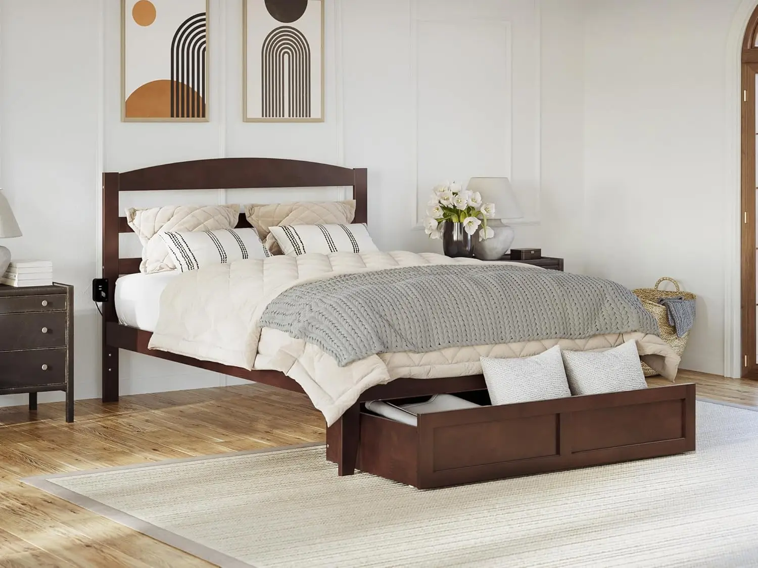 Warren Queen Size Platform Bed With Foot Drawer And Charging Station In Walnut
