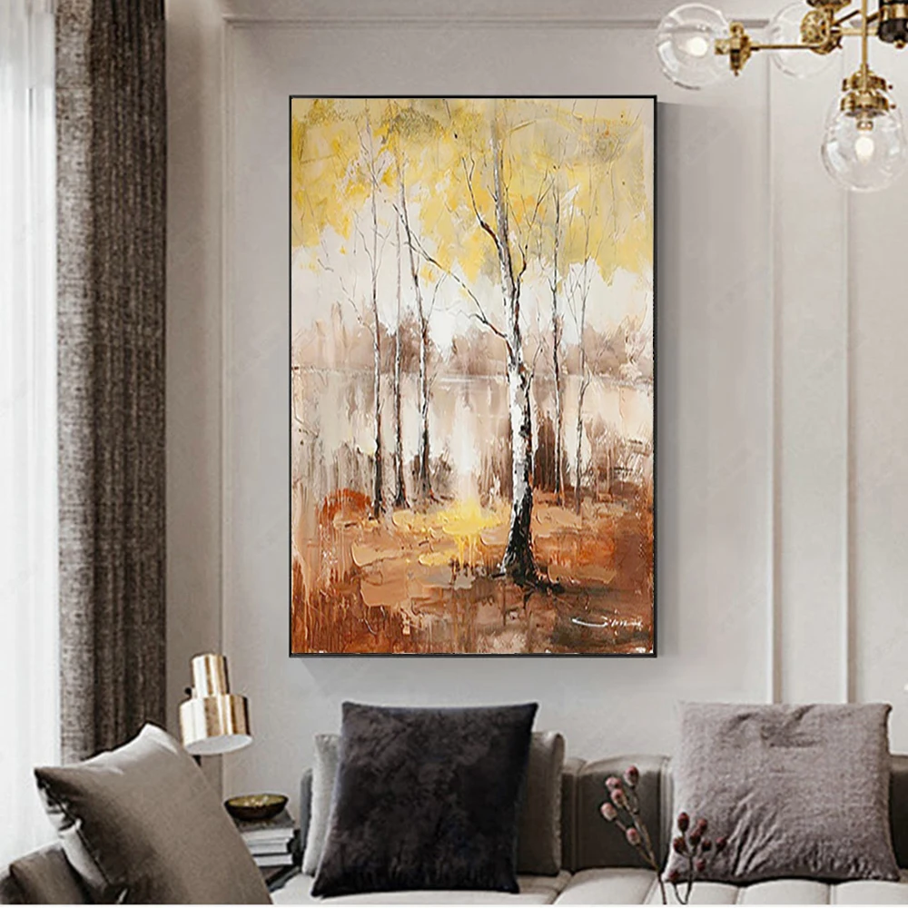 Large Wall Art Picture Handpainted Modern Abstract Birch Landscape On Canvas Oil Painting For Living Room Home Decor No Framed