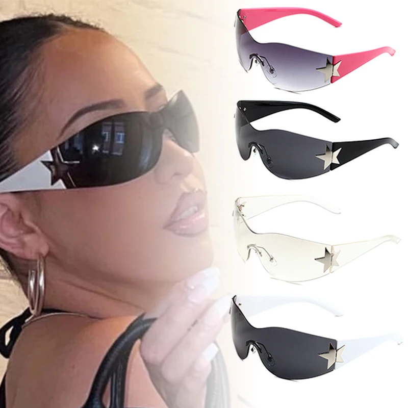 Punk Star Decoration Fashion occhiali da sole per donna uomo Y2K Rimless One Piece occhiali da sole UV400 Goggle Eyewear Moto equipment