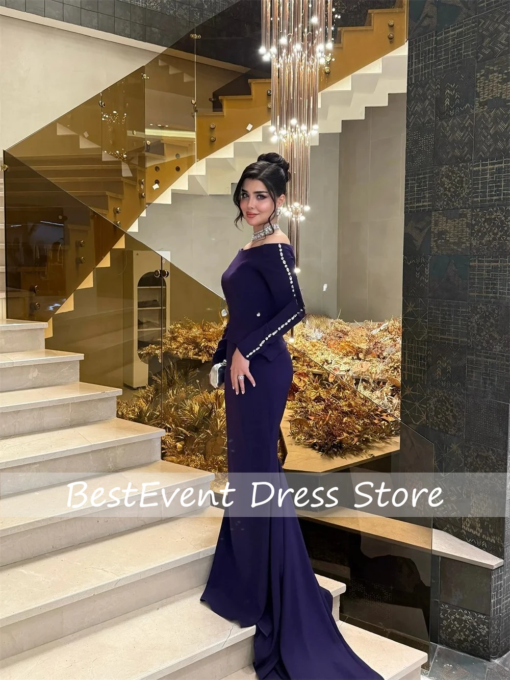 Customized Formal O-neck Long Sleeeve Pleat Sexy Mermaid Off-the-shoulder Long Dresses Bespoke Occasion Dresses Beading