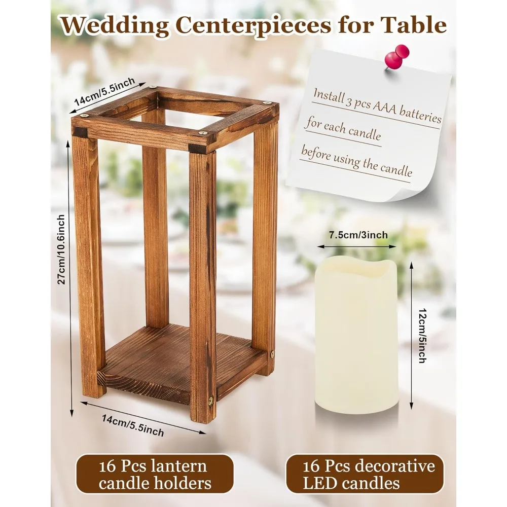 Wooden Candle Lantern Bulk Wedding Lantern Centerpiece includes 16 Farmhouse Wooden Candle Holder and 16 LED Candles